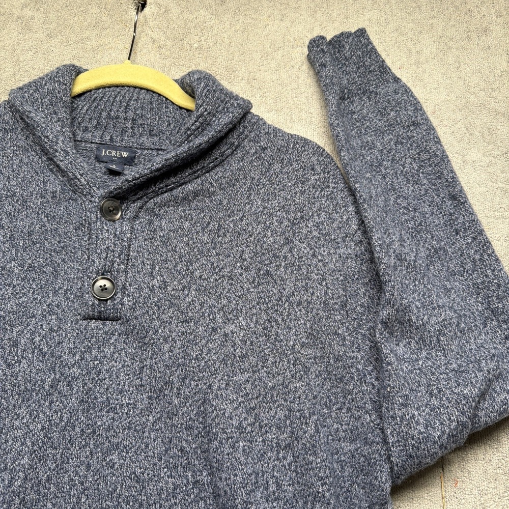 J Crew Sweater Mens Large Lambswool Blend Shawl Collar Button Neck Blue